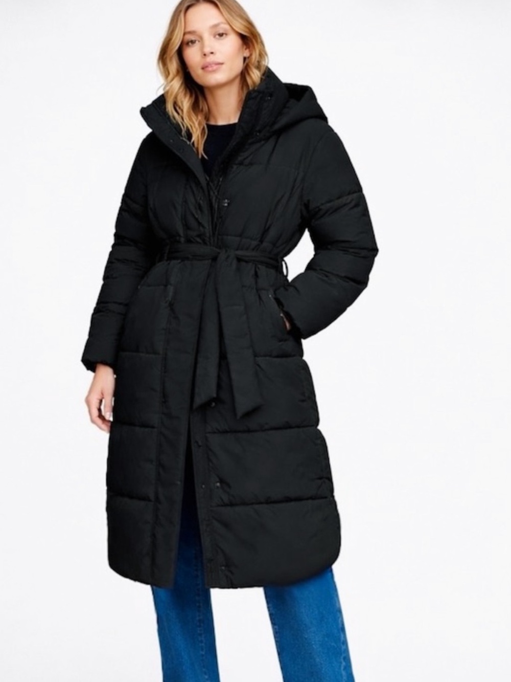 Gap Women's Hooded Big Puff Coat Belted Colour True Black Size Large